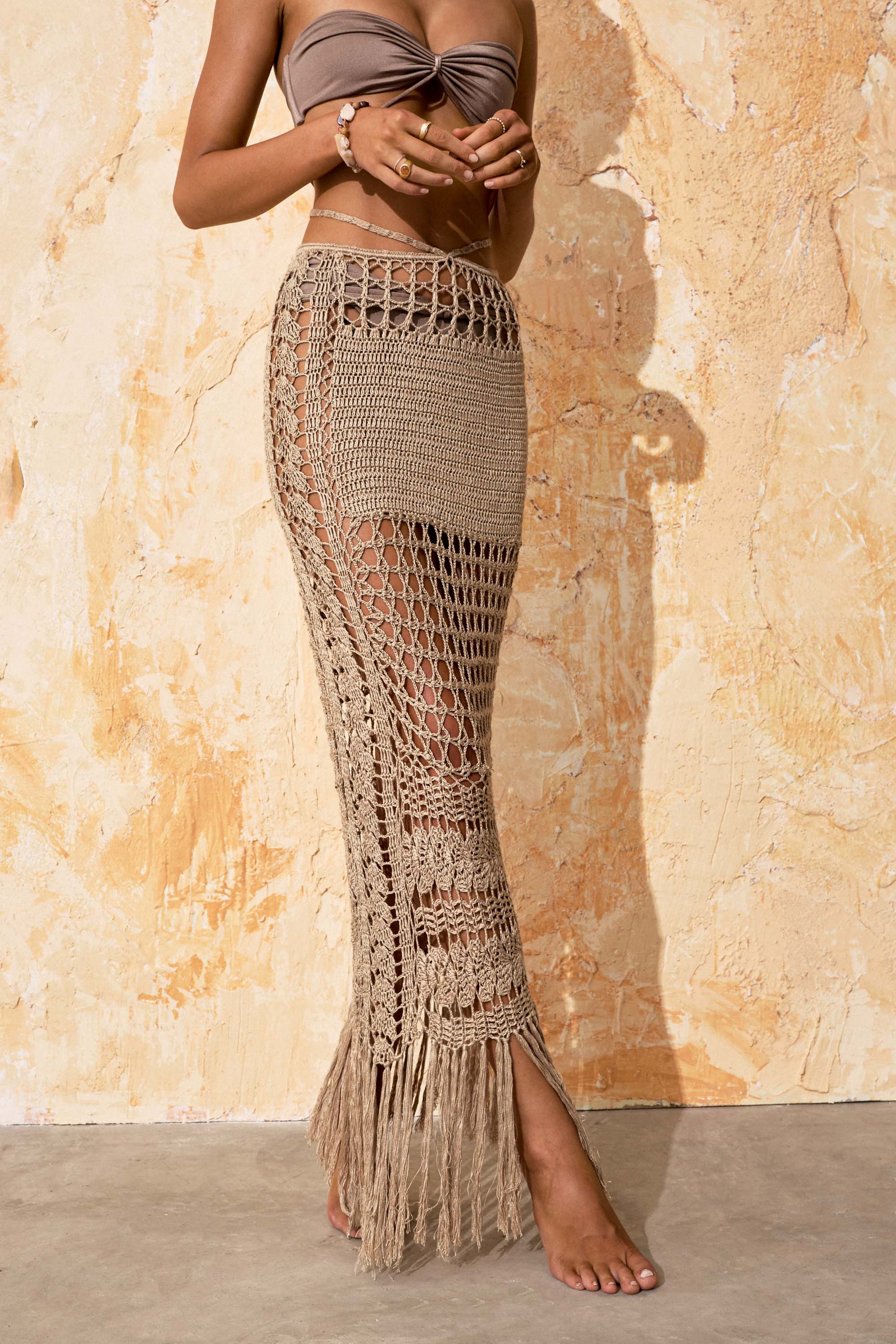flook the label aviana calla skirt crochet coco beachwear jewelry model studio detail