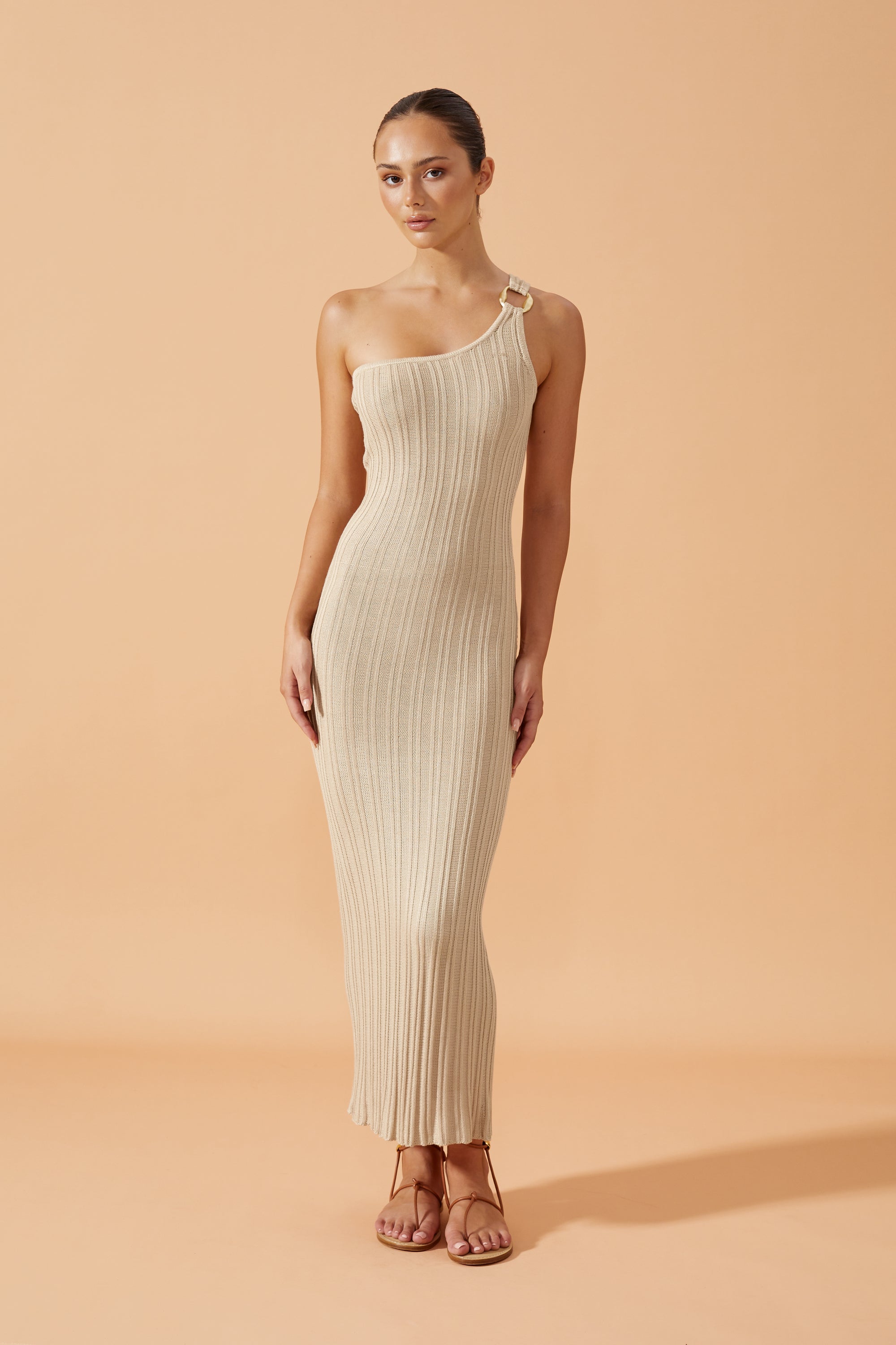 Flook The Label Axelle   Ribbed Long Dress in Caramel  with metal ring front view