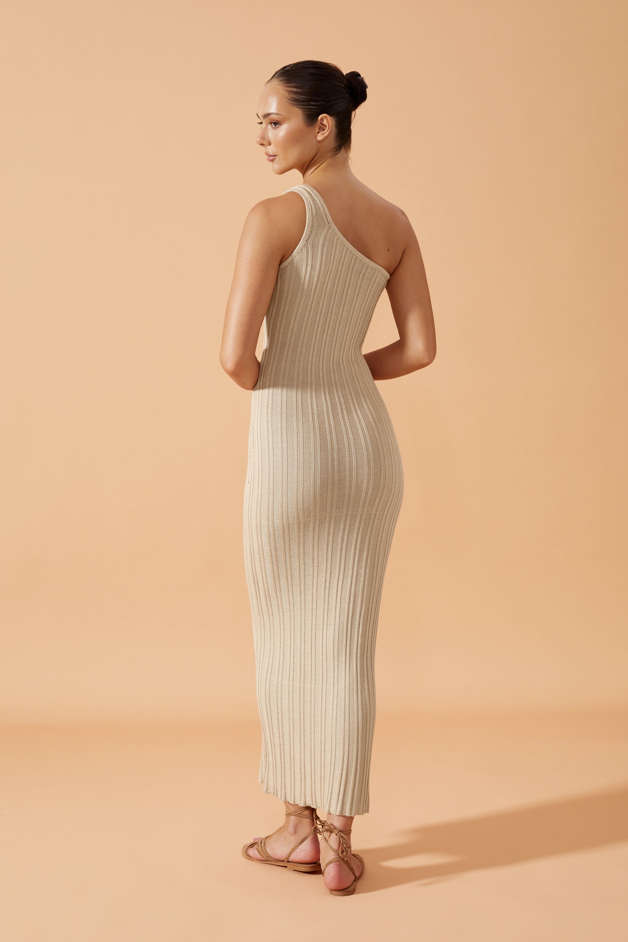 Flook The Label Axelle   Ribbed Long Dress in Caramel  with metal ring back view