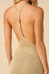 Flook the Label Uma Dress Sand Haze - a plunging maxi rayon knit Gold-etched accents side split studio shoot back close up