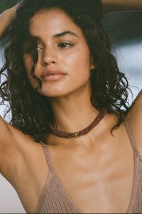 Flook The Label x Iza Jewellery  Oshun Necklace, glass beaded necklace in tortoise and warm shades of Chocolate 