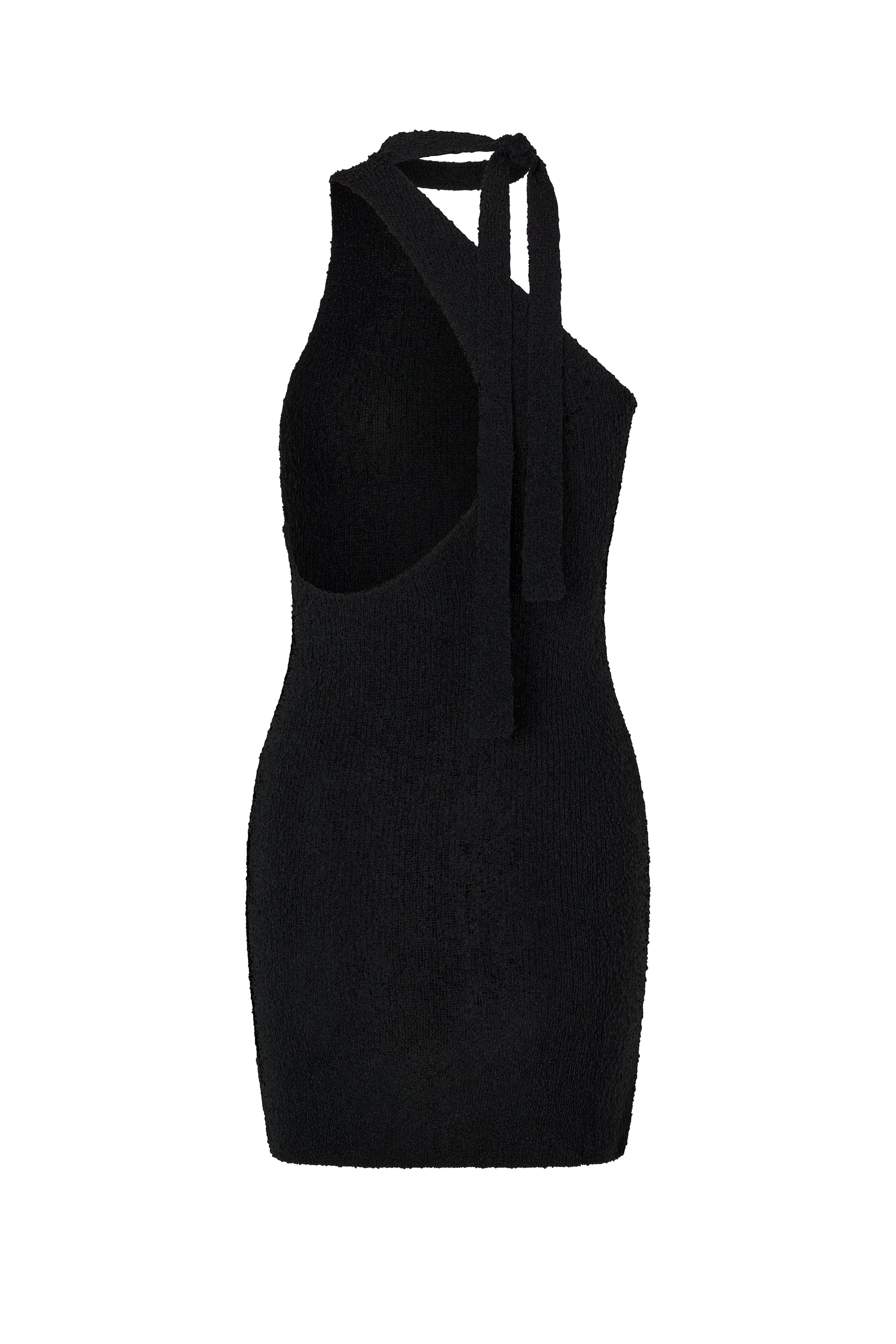 flook resort 25 textured mini knit dress with assymmetric neck line and choker scarf detail in black mannequin back 