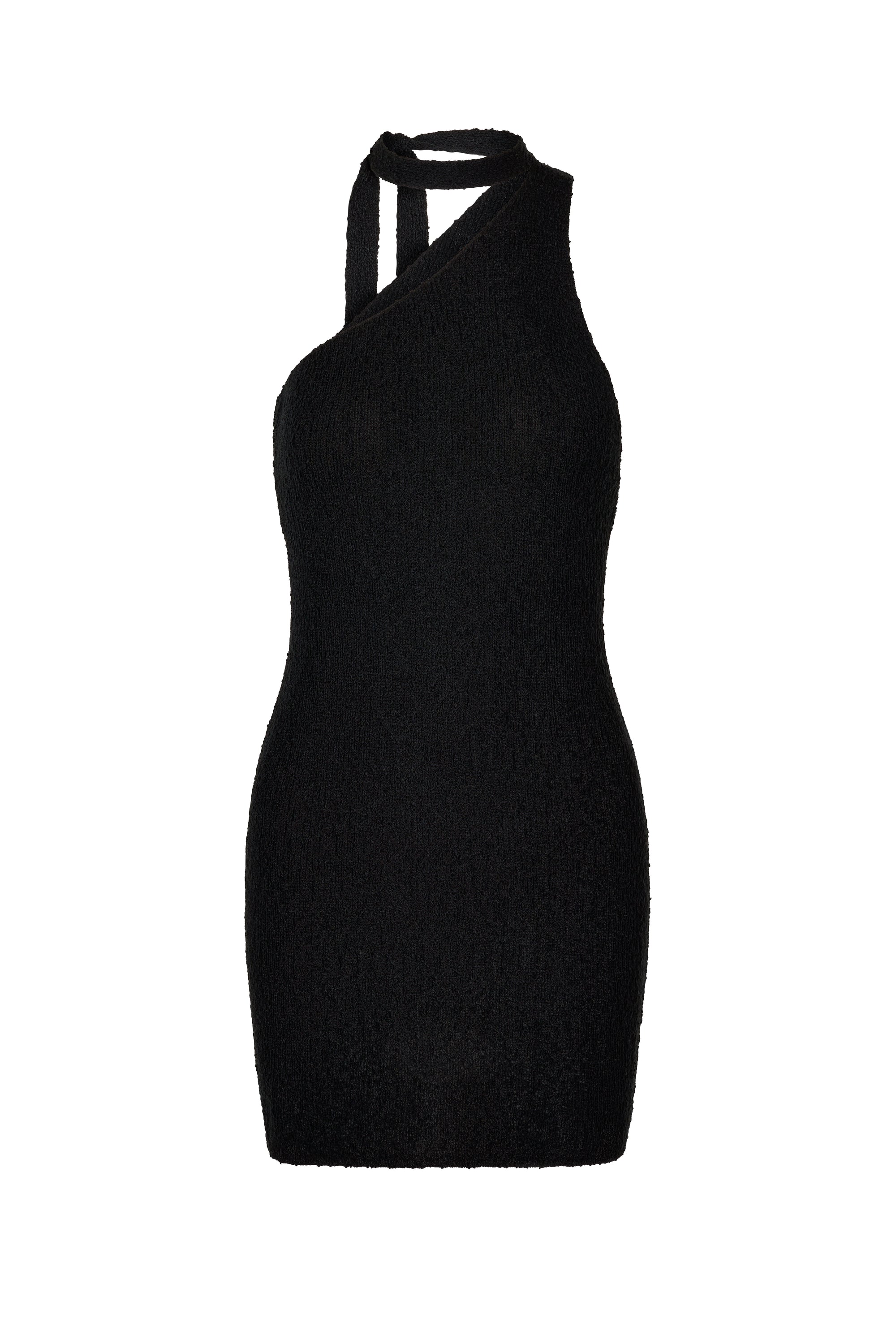 flook resort 25 textured mini knit dress with assymmetric neck line and choker scarf detail in black mannequin front 