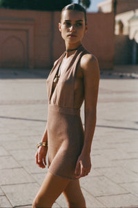 flook the label tala dress morocco campaign mini dress plunging neckline open back terracotta side