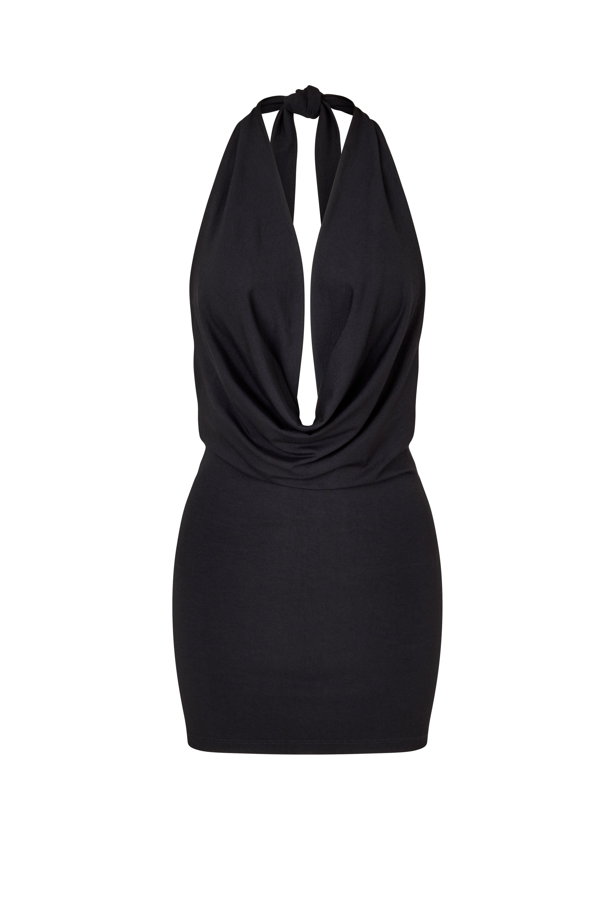 BLACK MINI DRESS WITH PLUNGING DRAPED NECKLINE AND OPEN BACK Flook The Label BLACK MINI DRESS WITH PLUNGING DRAPED NECKLINE AND OPEN BACK Flook The Label