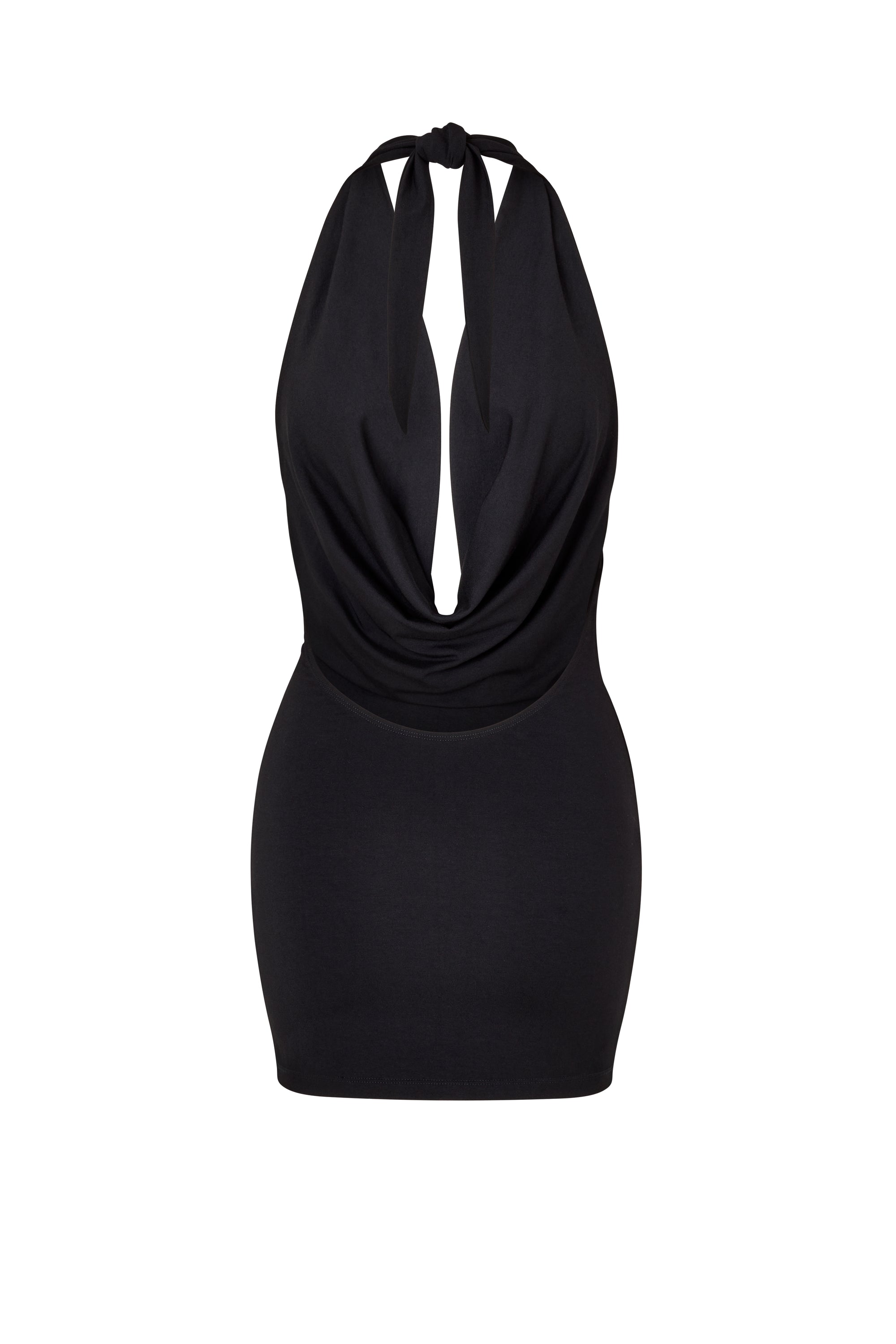 BLACK MINI DRESS WITH PLUNGING DRAPED NECKLINE AND OPEN BACK Flook The Label BLACK MINI DRESS WITH PLUNGING DRAPED NECKLINE AND OPEN BACK Flook The Label