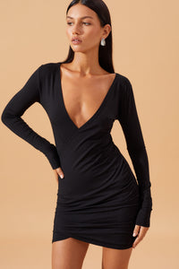 flook resort 25 body contouring long sleeve black dress with asymmetrical skirt and gathering in black front