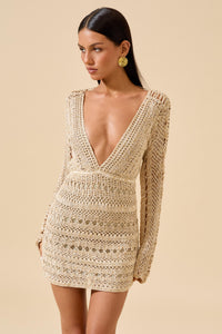 flook the label dakari crochet dress marble deep v neckline low back long sleeve mini dress front