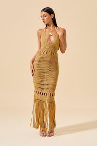flook the label kiara dress gold sands crochet lurex shimmer dress v neckline fringe front