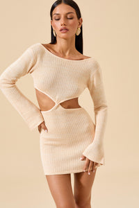 flook the label lola dress detail long sleeve mini dress cut-out waist front