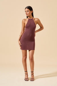 flook the label sarabi dress coconut husk halter neck open back resin bead detailing mini length front