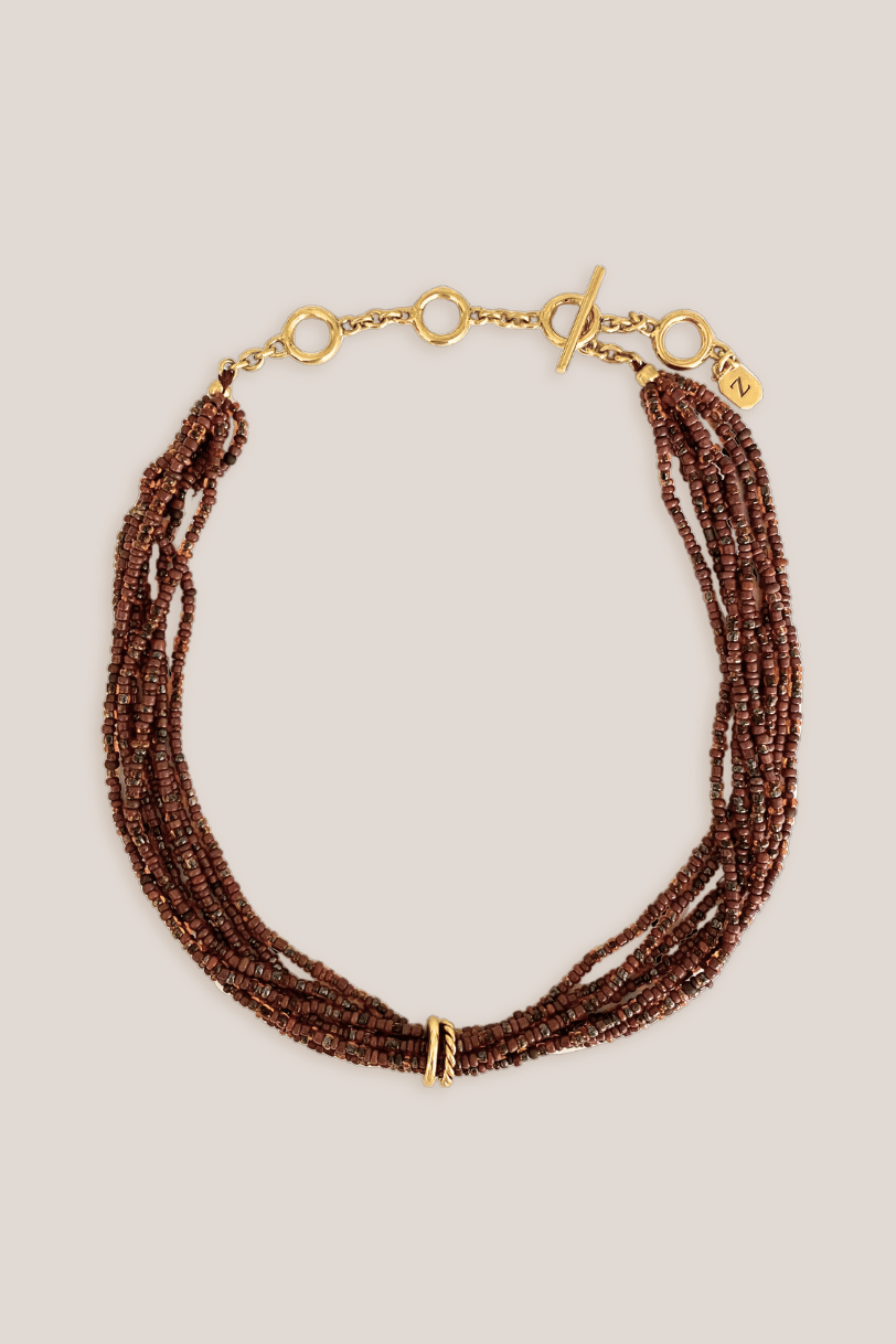 Flook The Label x Iza Jewellery  Oshun Necklace, glass beaded necklace in tortoise and warm shades of Chocolate 