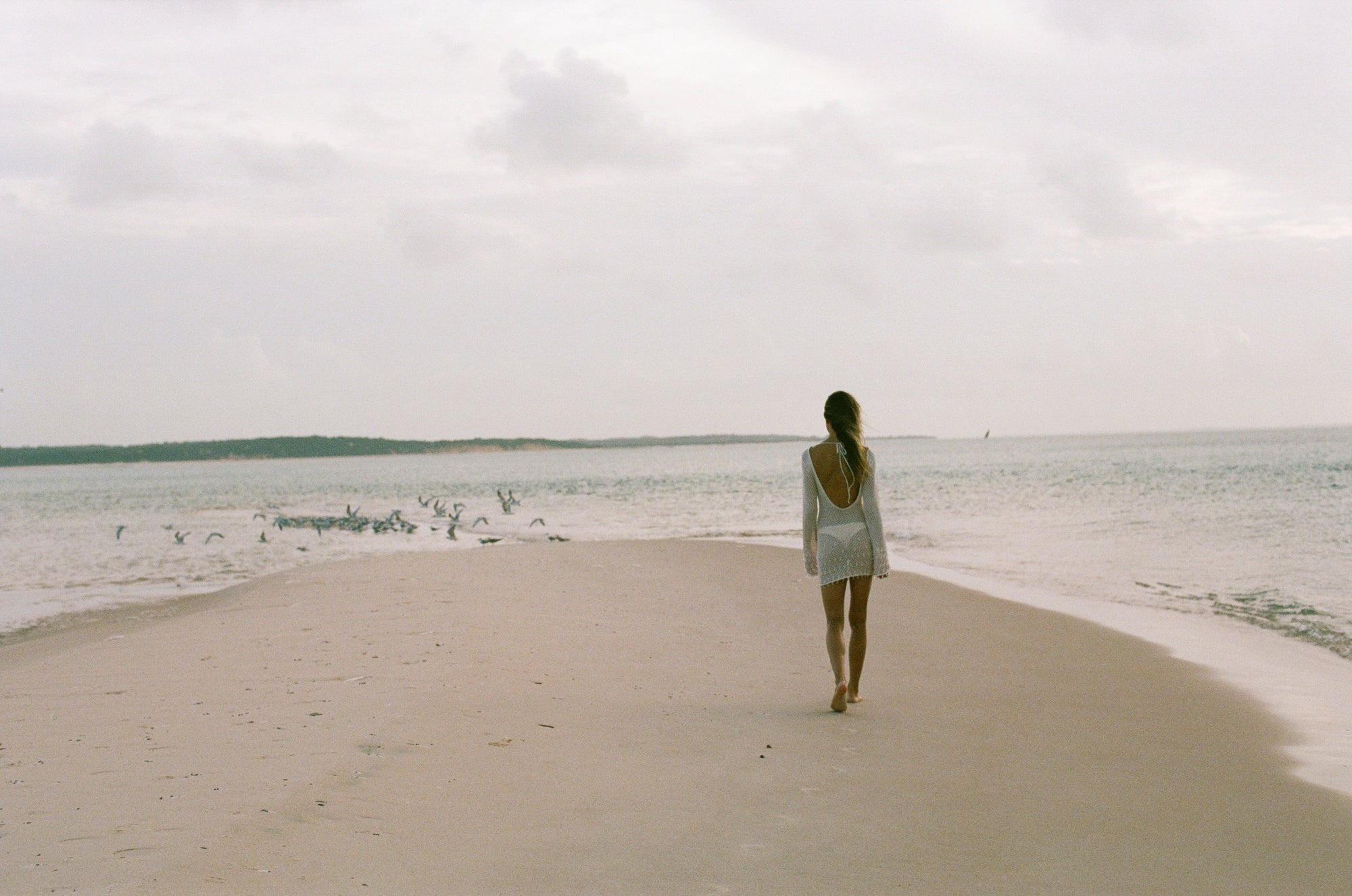 Woman walking on a beach, wearing a beach cover up, with a cloudy sky and birds taking flight