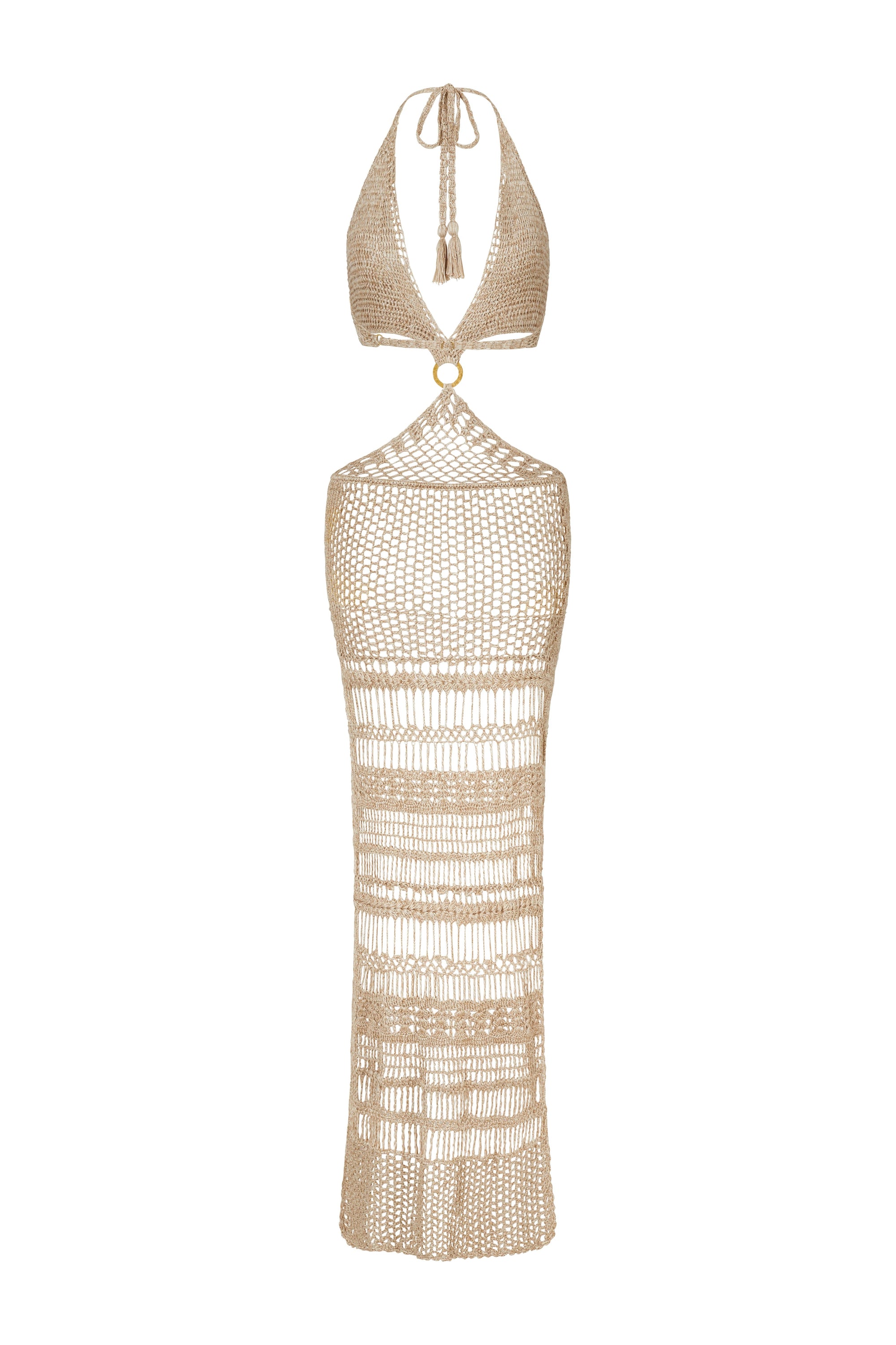 Beige crochet halter neck dress on a white background