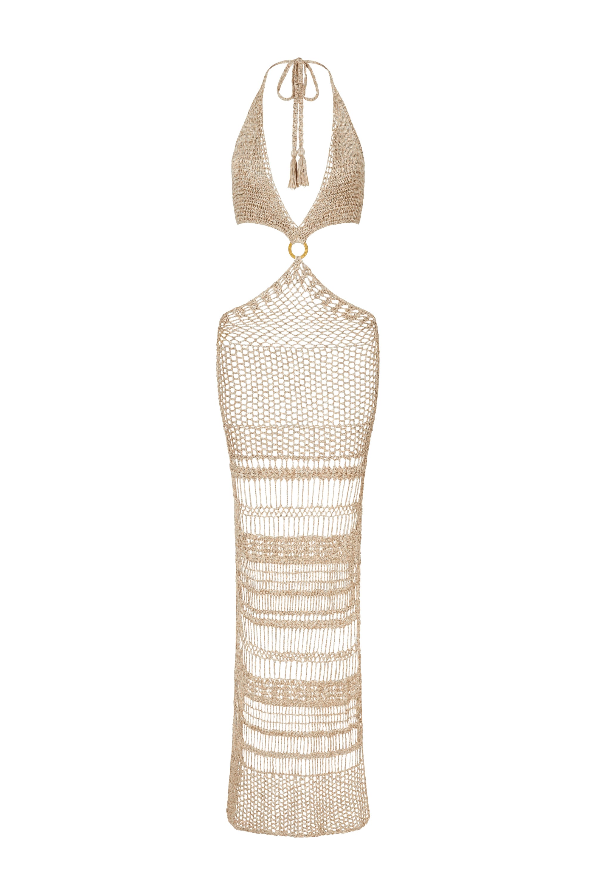 Beige mesh halter dress on a white background