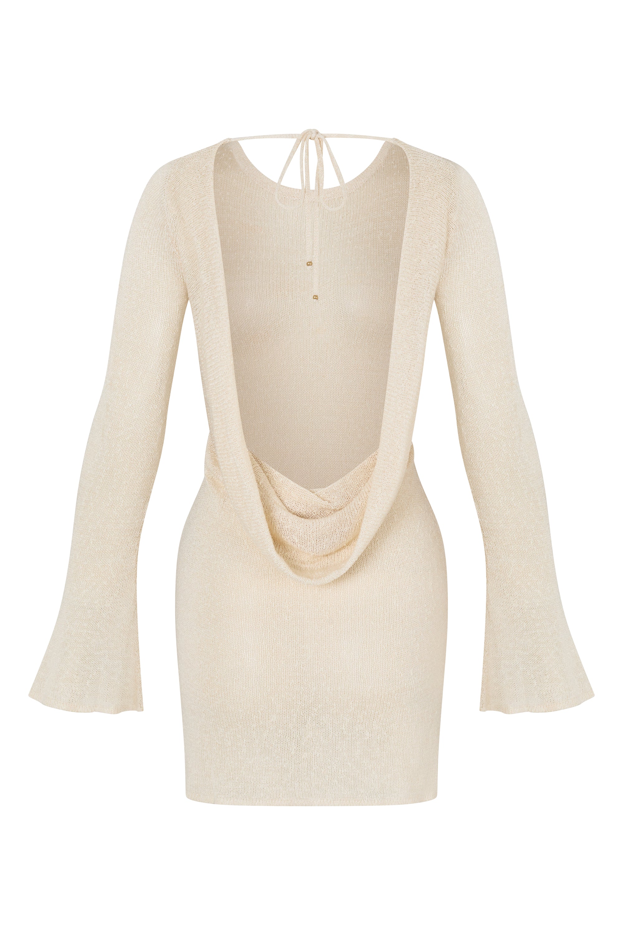 Cream long-sleeve dress with a unique open back design with a cowl detail on a white background