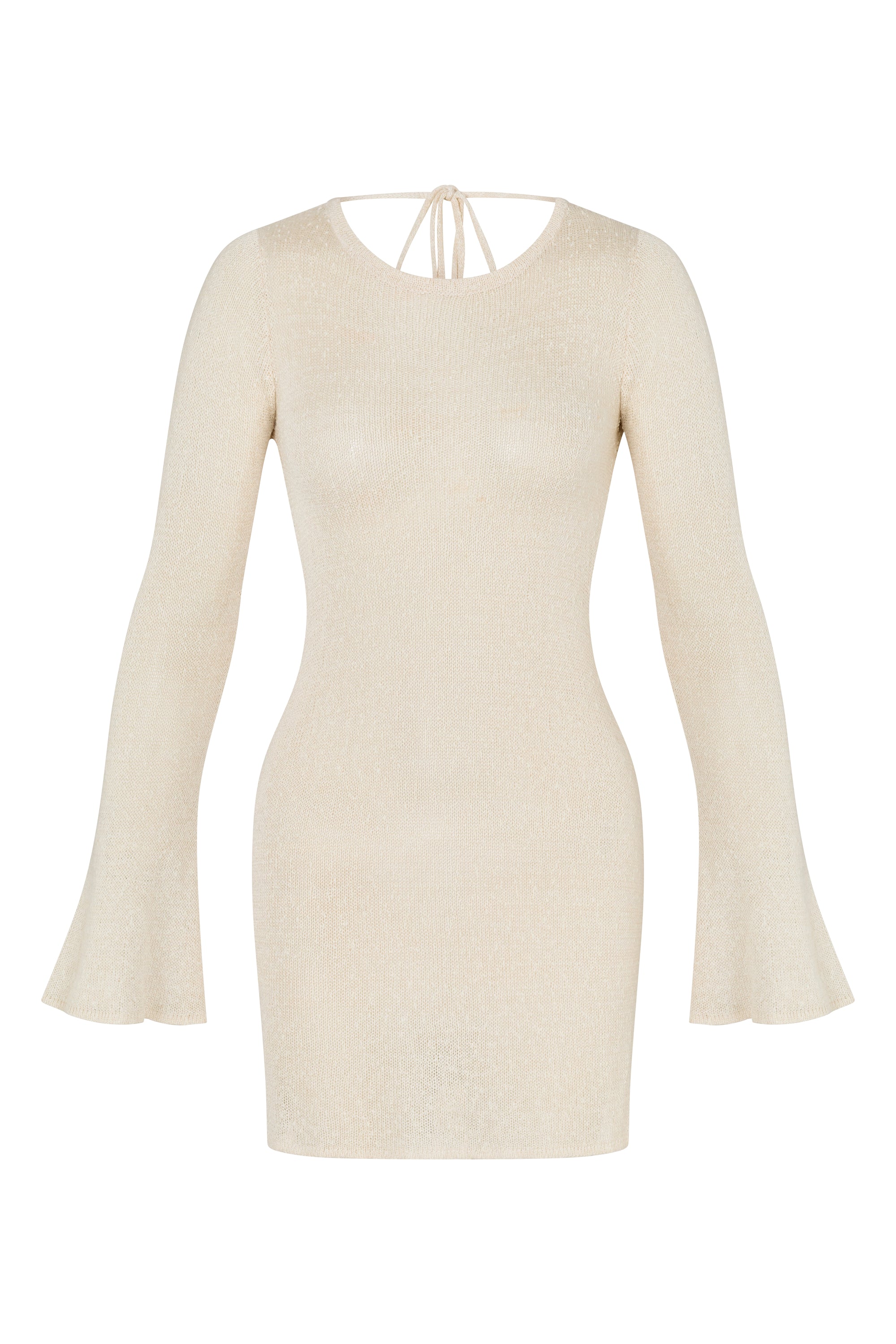 Cream dress with flared sleeves and back tie detail on a white background