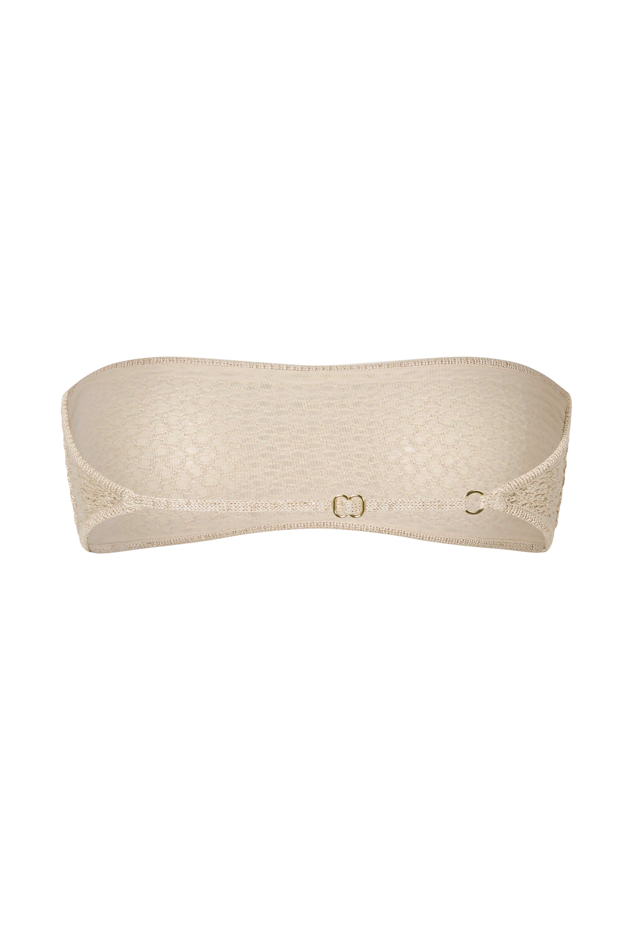 The Isela Bandeau Top is a beige, textured elastic band with no straps or cups, finished with a hook-and-eye closure at the back.