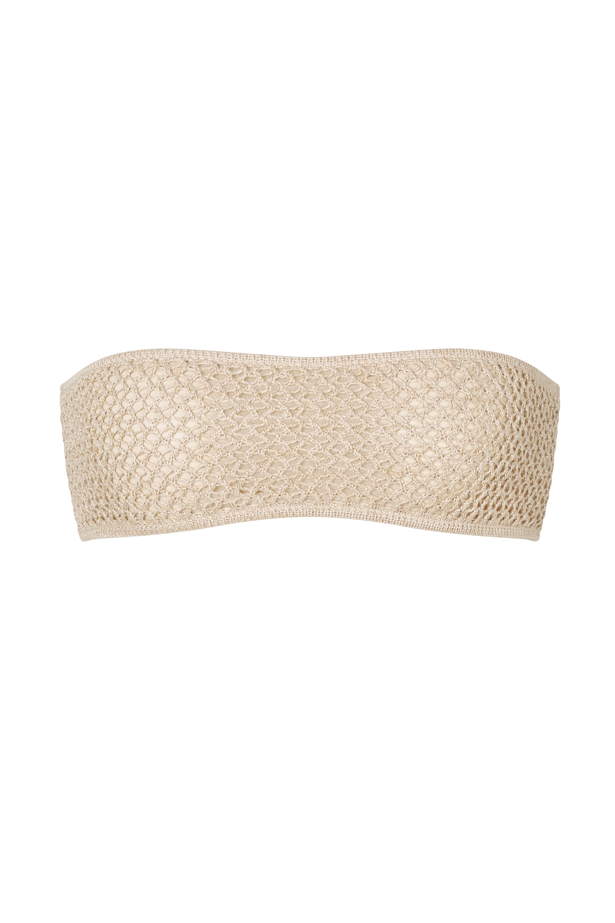 The Isela Bandeau Top, a beige strapless crocheted design, is showcased against a plain white background.