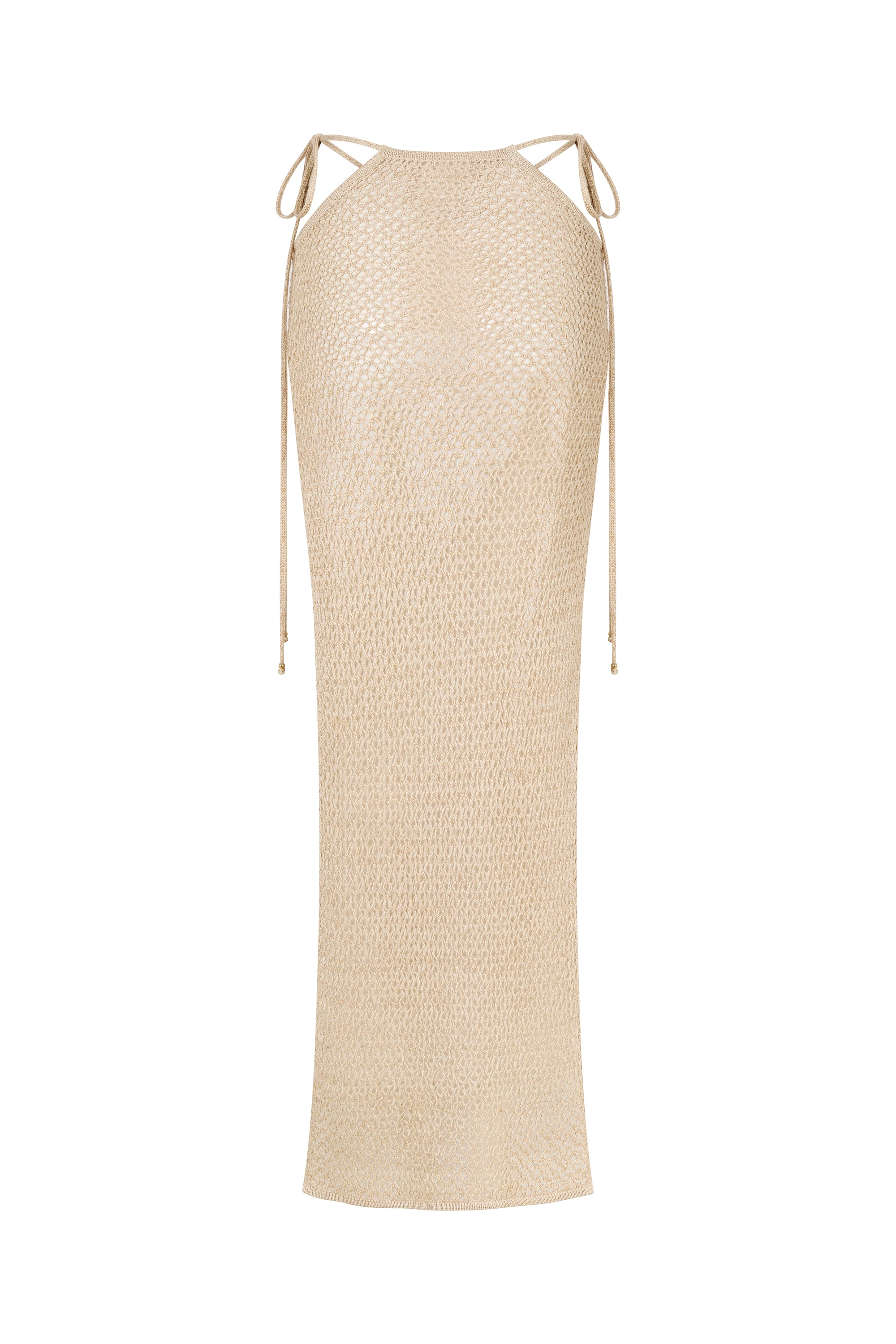 Beige Isela Maxi Skirt with a straight silhouette, sleeveless design, and thin adjustable shoulder ties, displayed on a white background.