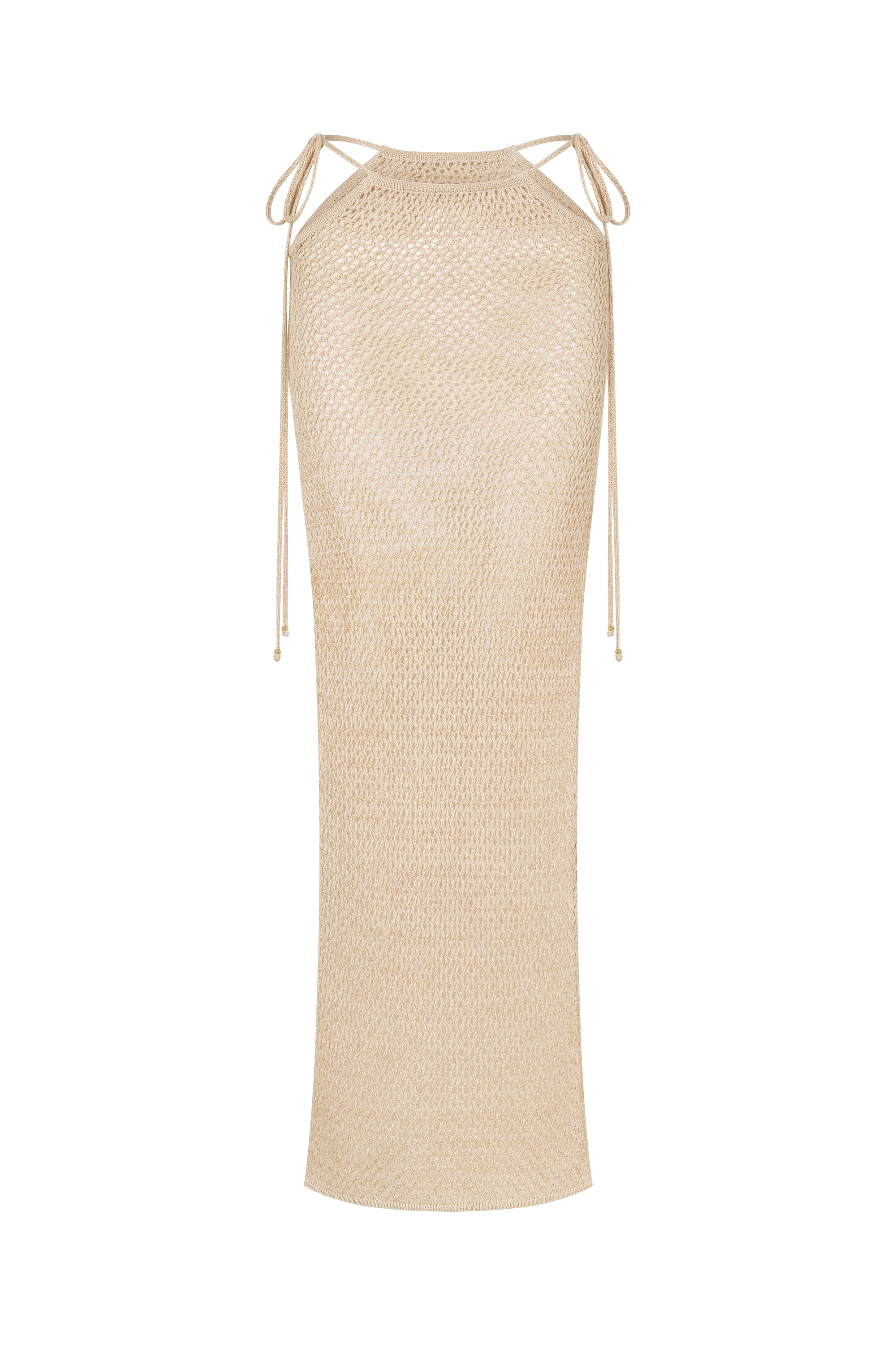 The Isela Maxi Skirt features a sheer, lightweight beige knit with a straight, simple silhouette and adjustable waist ties.