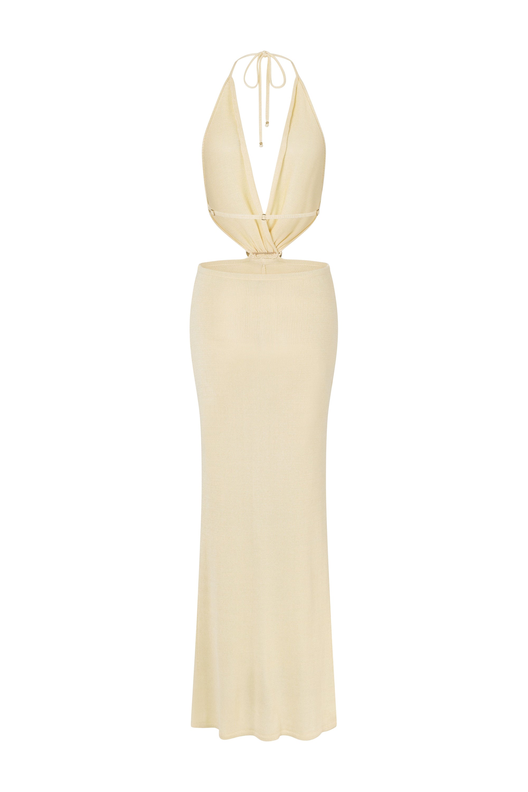 Cream-colored halter neck dress on a white background