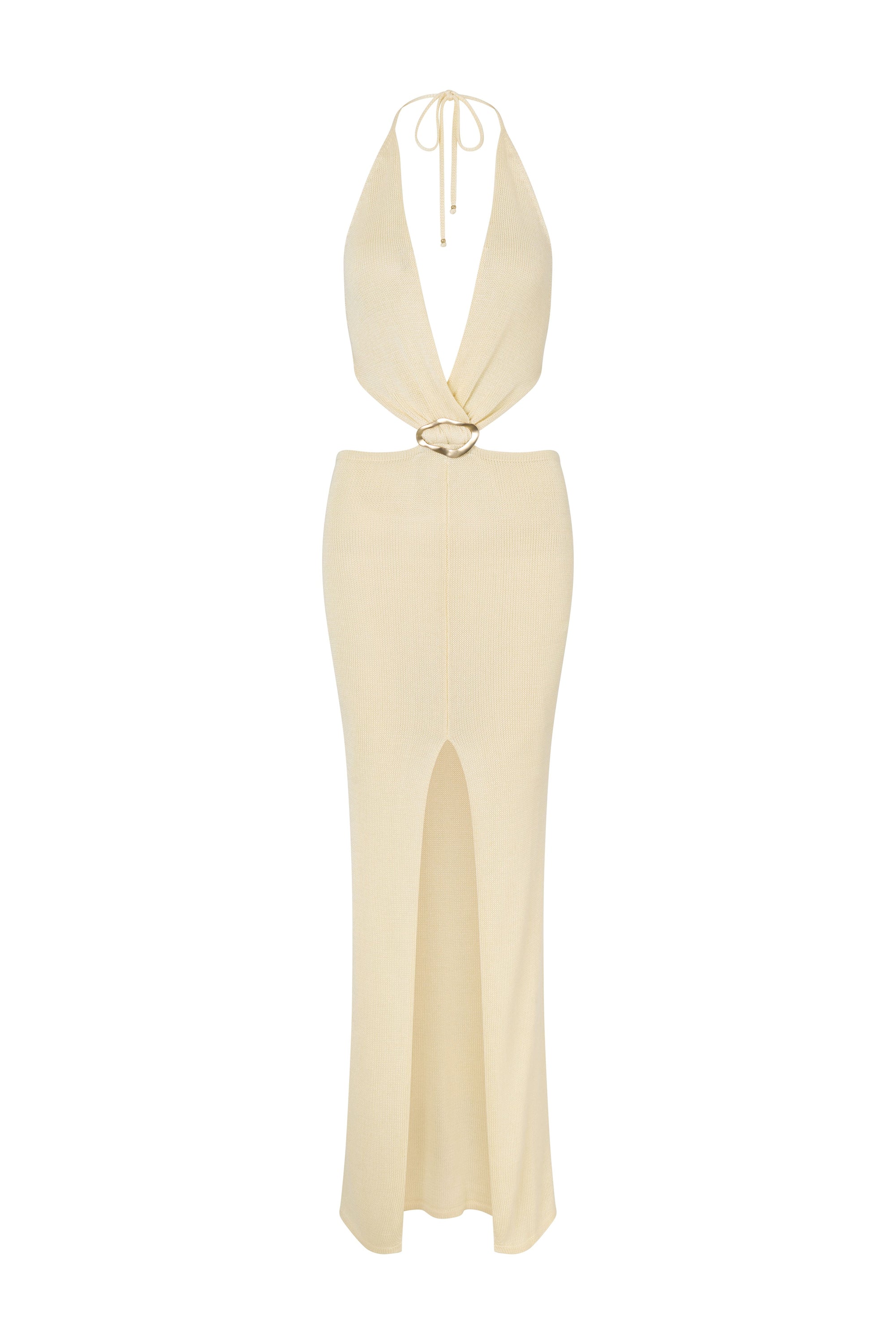 Cream halter neck dress with a slit on a white background
