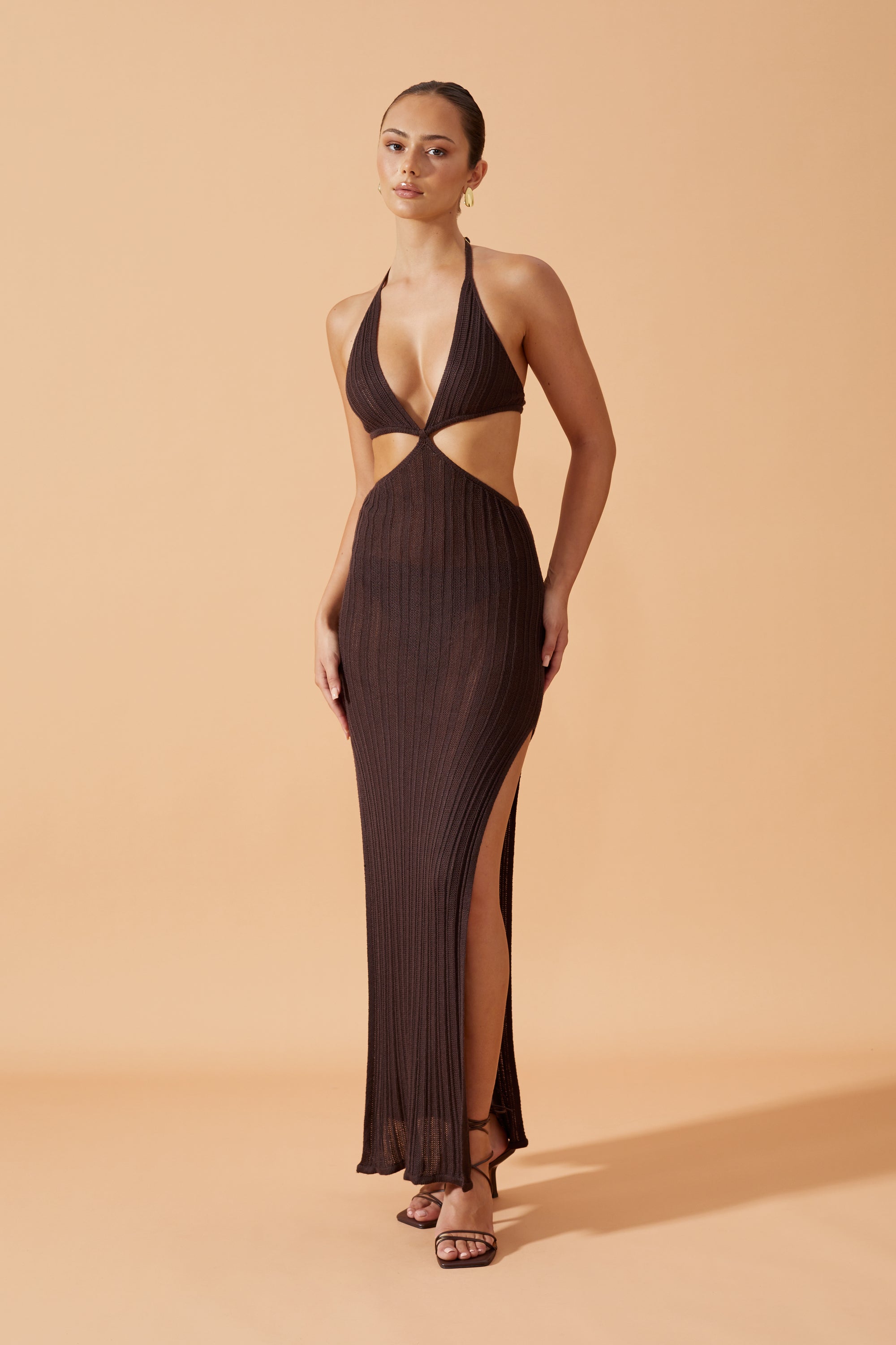 Flook The Label Giina Kitted Dress in Chocolate. Cut outs on the side and side slit. Front View