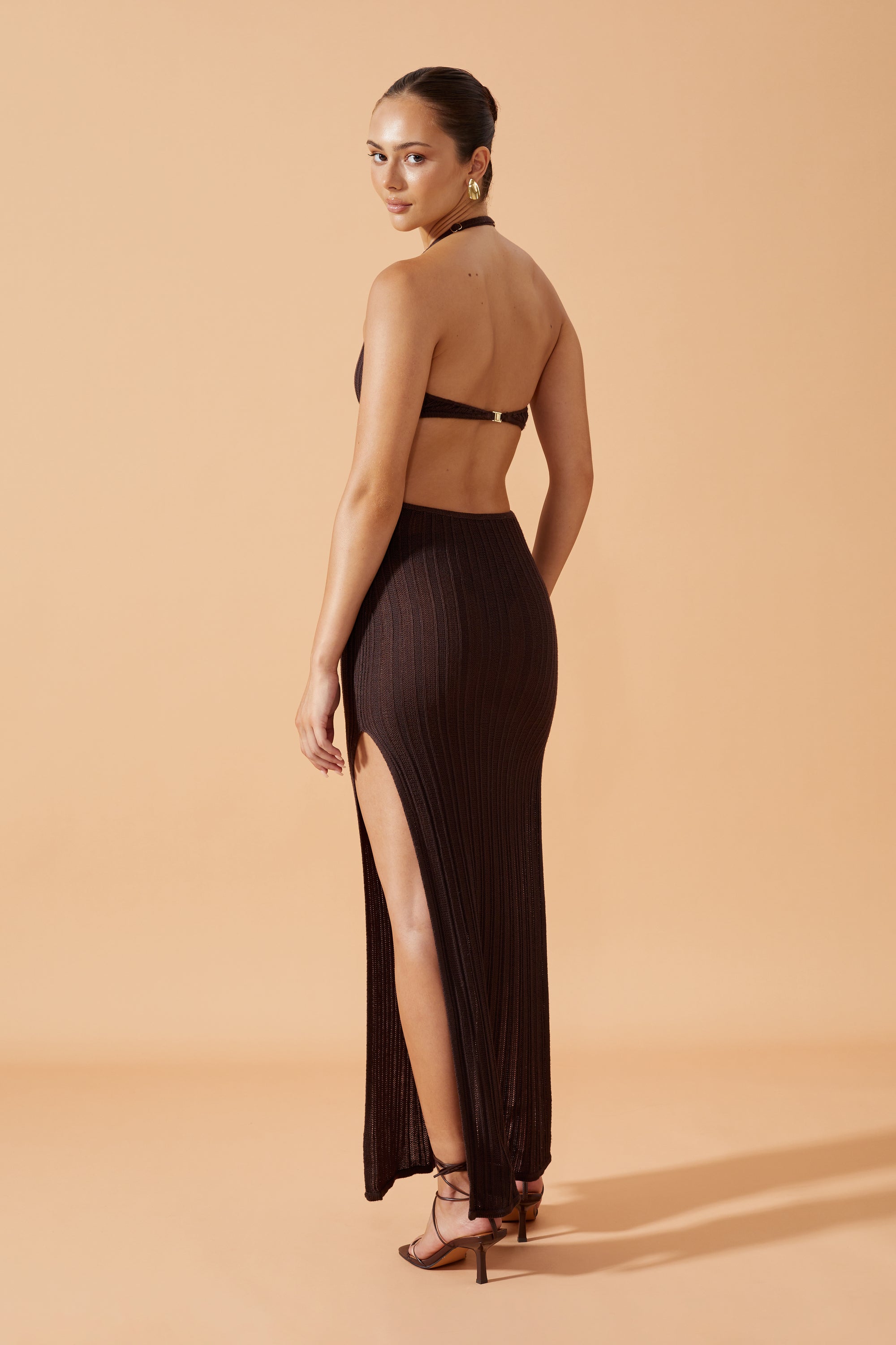 Flook The Label Giina Kitted Dress in Chocolate. Cut outs on the side and side slit. and clasp at the back. Back View