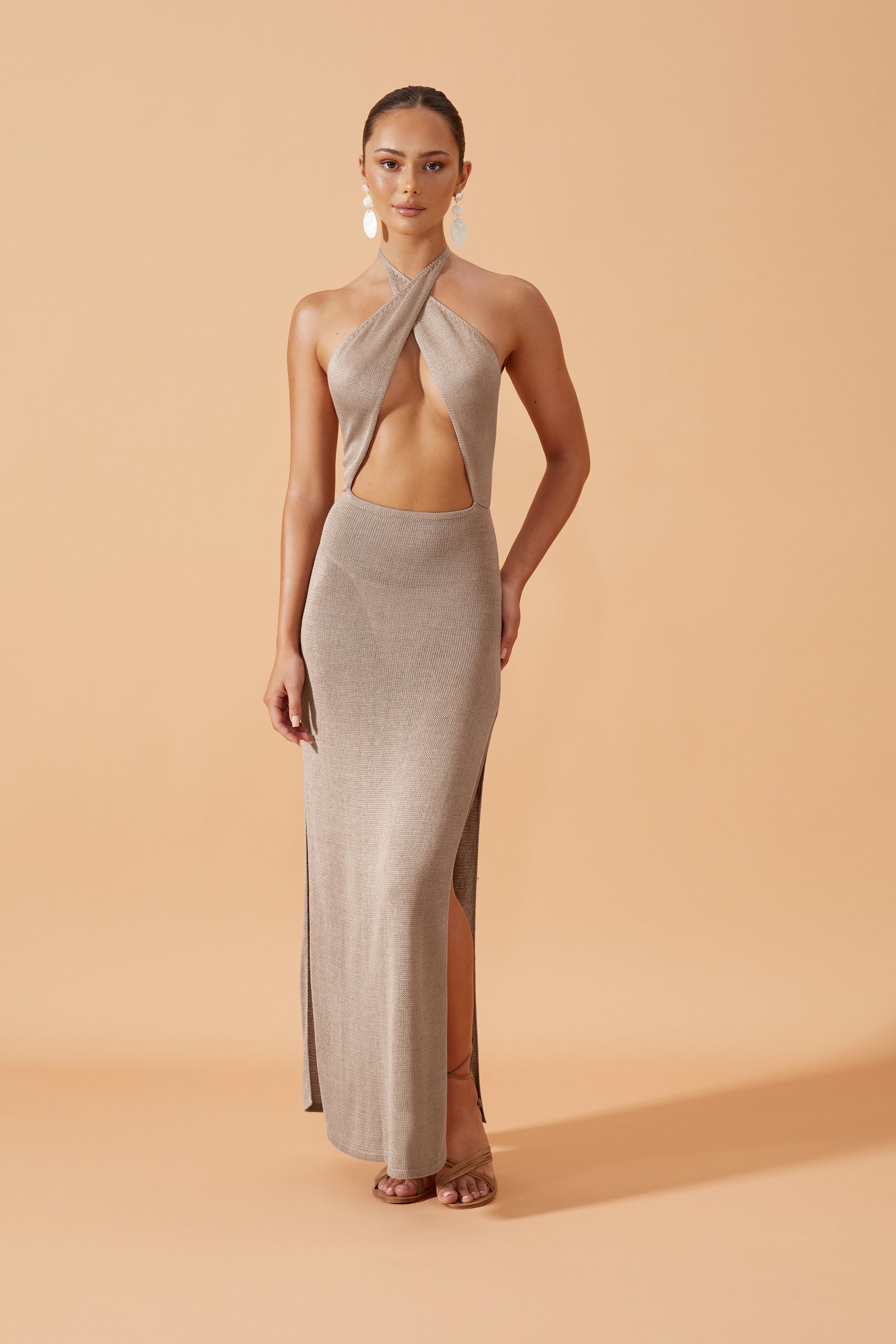 Flook The Label Lua Knit Long Dress in Taupe. Open front crossed at the neck and slits on both sides. Front View