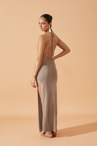 Flook The Label Lua Knit Long Dress in Taupe. Open front crossed at the neck and  closed with a clasp. Splits on both sides. Back View