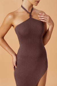 Flook The Label Knitted Dress in coconut Husk, embellished by resin beads at the neck line. Detail