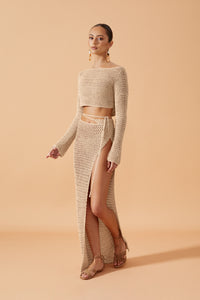 Flook The Label Qiani  Crochet Skirt in Sand. Matched with Qiani Crochet Top in Sand. Front View 