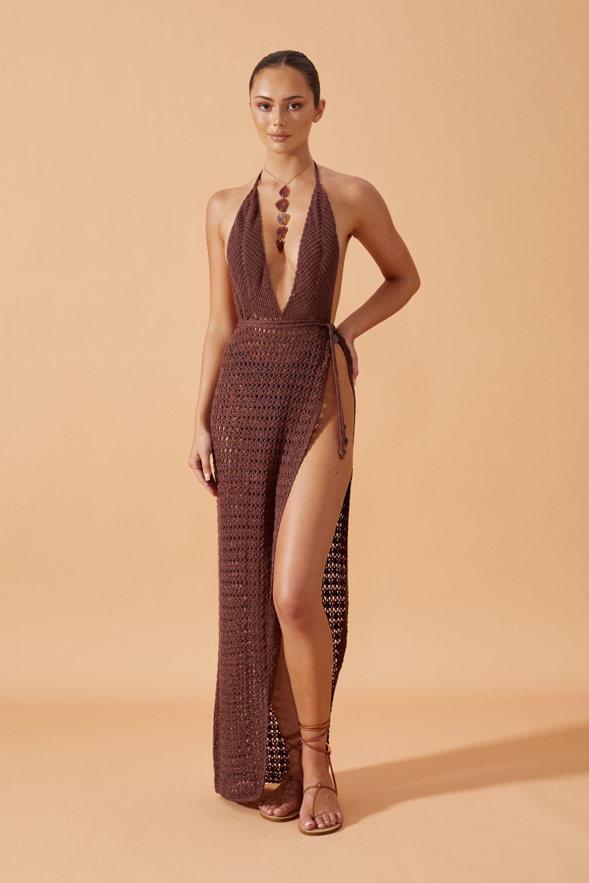 Flook The Label  Zahira  Crochet  Wrao Kong Dress in coconut Husk. Worn with Senso Drop Necklace in tortoise. Front View