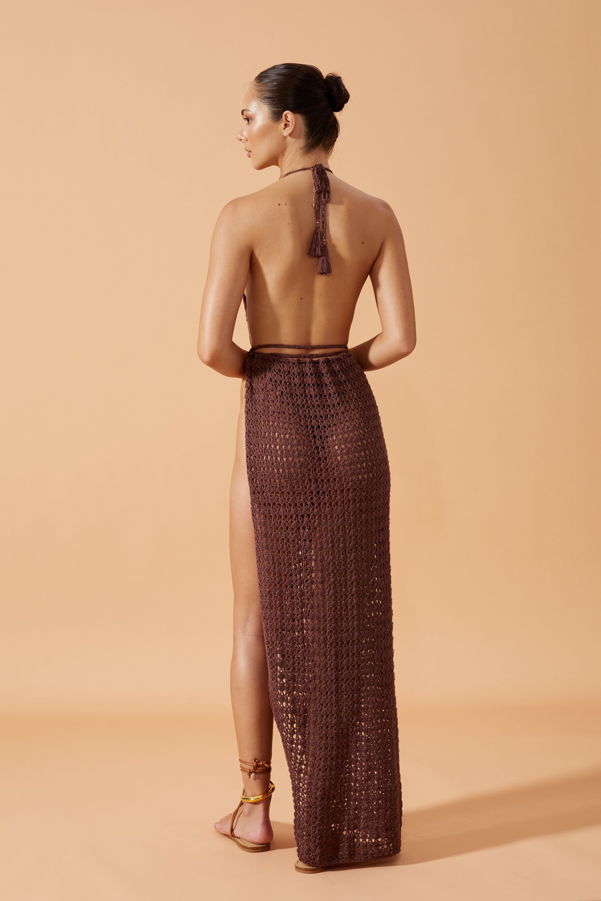Flook The Label  Zahira  Crochet  Wrao Kong Dress in coconut Husk. Worn with Senso Drop Necklace in tortoise. Back View