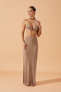 Flook The Label Ziva Knitted  Long Skirt in Fawn.  Matched with Ziva Knitted Top in FawnFront View 
