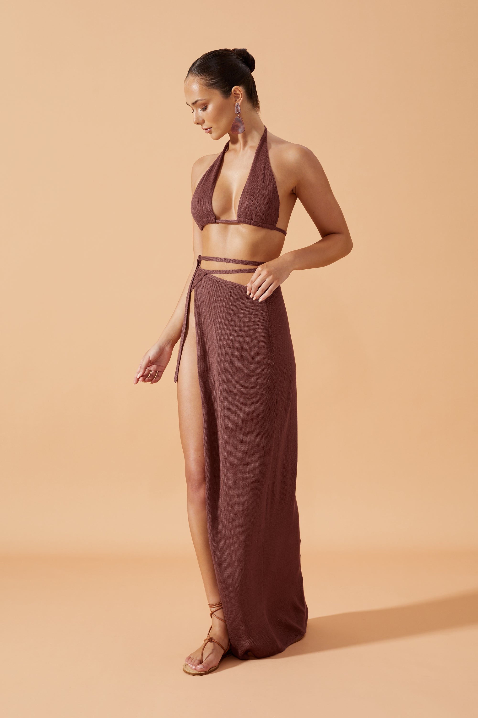 Flook The Label  Zula  Knitted Maxi Wrap Skirt in Coconut Husk. Matched with Zula  Knitted Top in Coconut Husk. Front View 