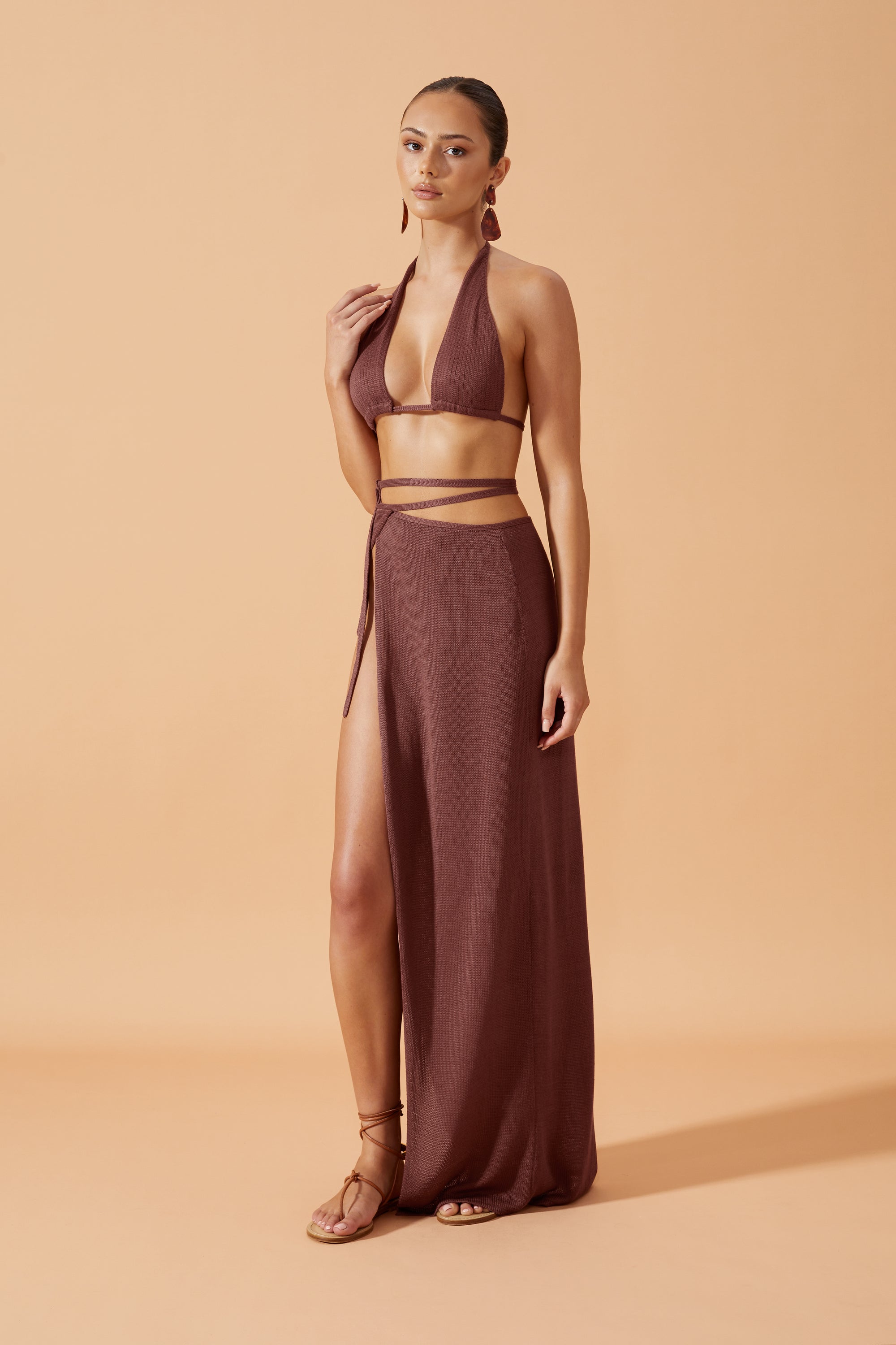 Flook The Label Zula Knitted Triangle Top in Coconut husk. Matched with Zula Knitted Maxi Wrap Skirt. Front View. 