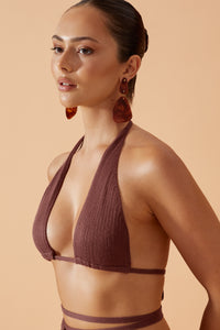 Flook The Label Zula Knitted Triangle Top in Coconut husk. Matched with Zula Knitted Maxi Wrap Skirt. Front View. 