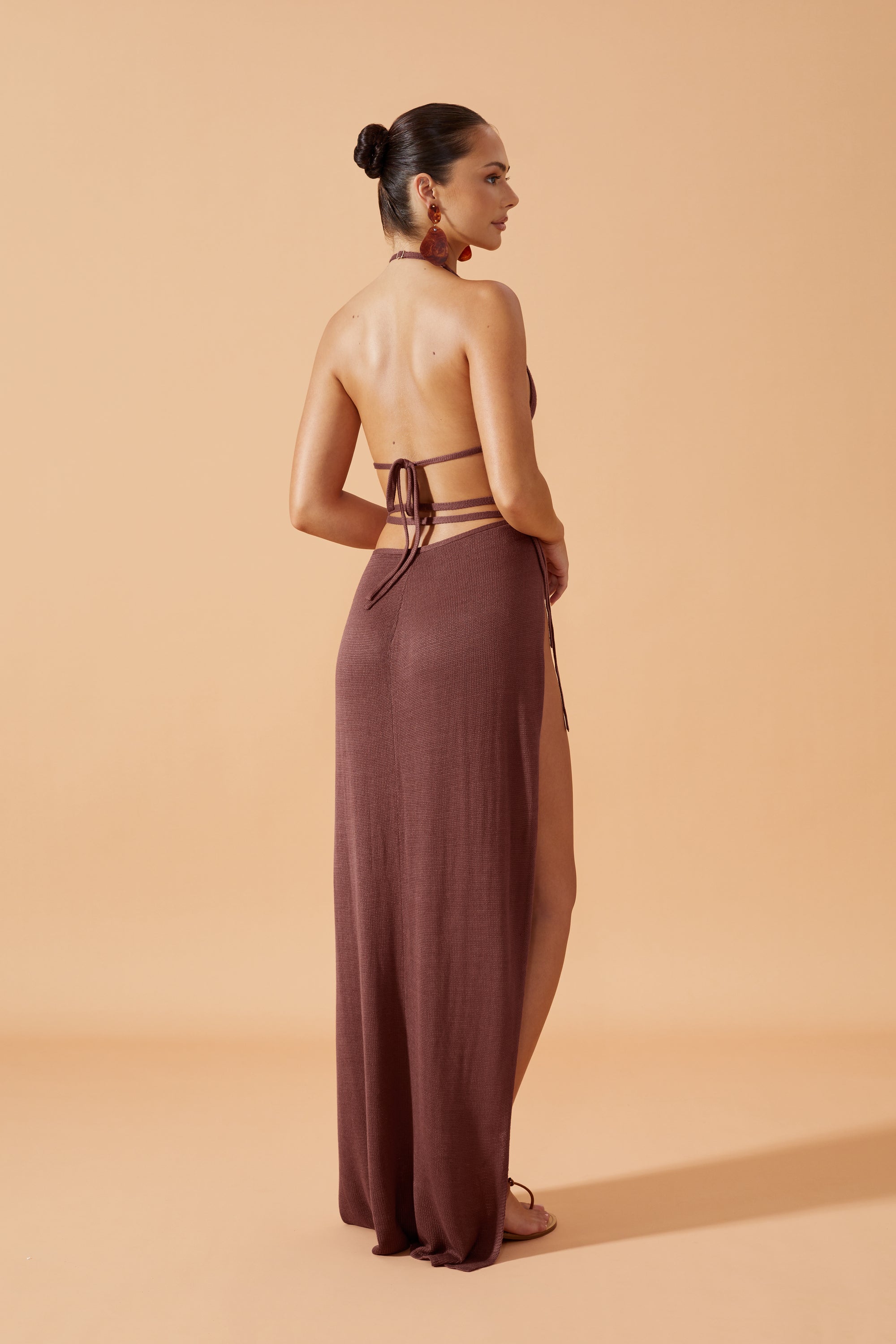 Flook The Label Zula Knitted Triangle Top in Coconut husk. Matched with Zula Knitted Maxi Wrap Skirt. Back View
