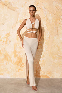 flook the label olea skirt amelia top vanilla knit necklace model studio