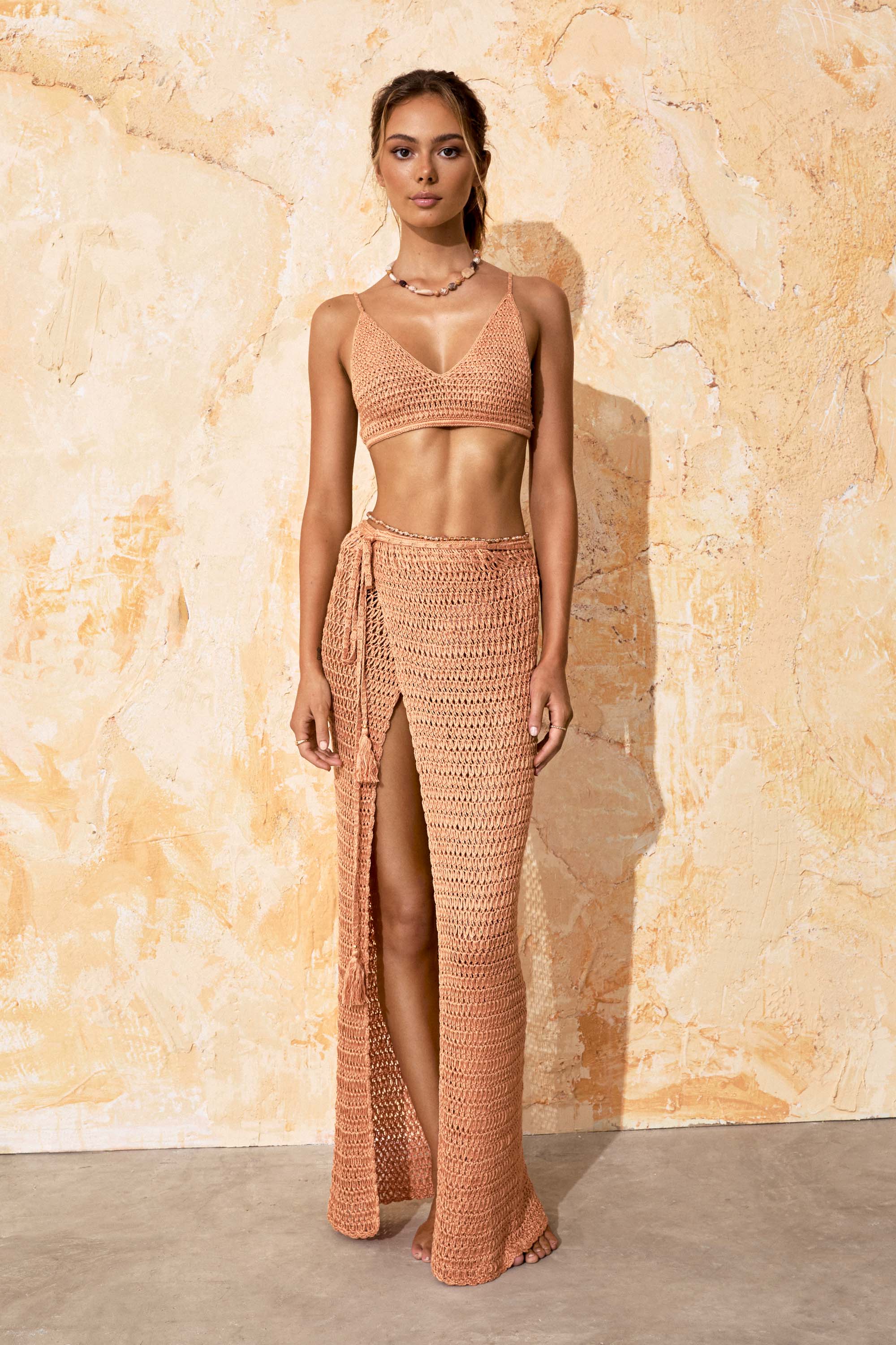 flook the label amina top skirt tangerine crochet model studio front
