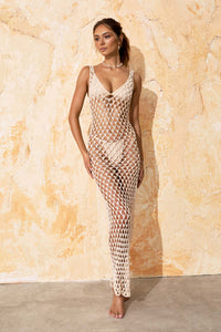 flook the label jovie maxi dress vanilla pearls crochet model studio front