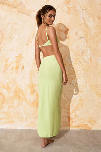 flook the label kloe maxi skirt lime knit model studio back