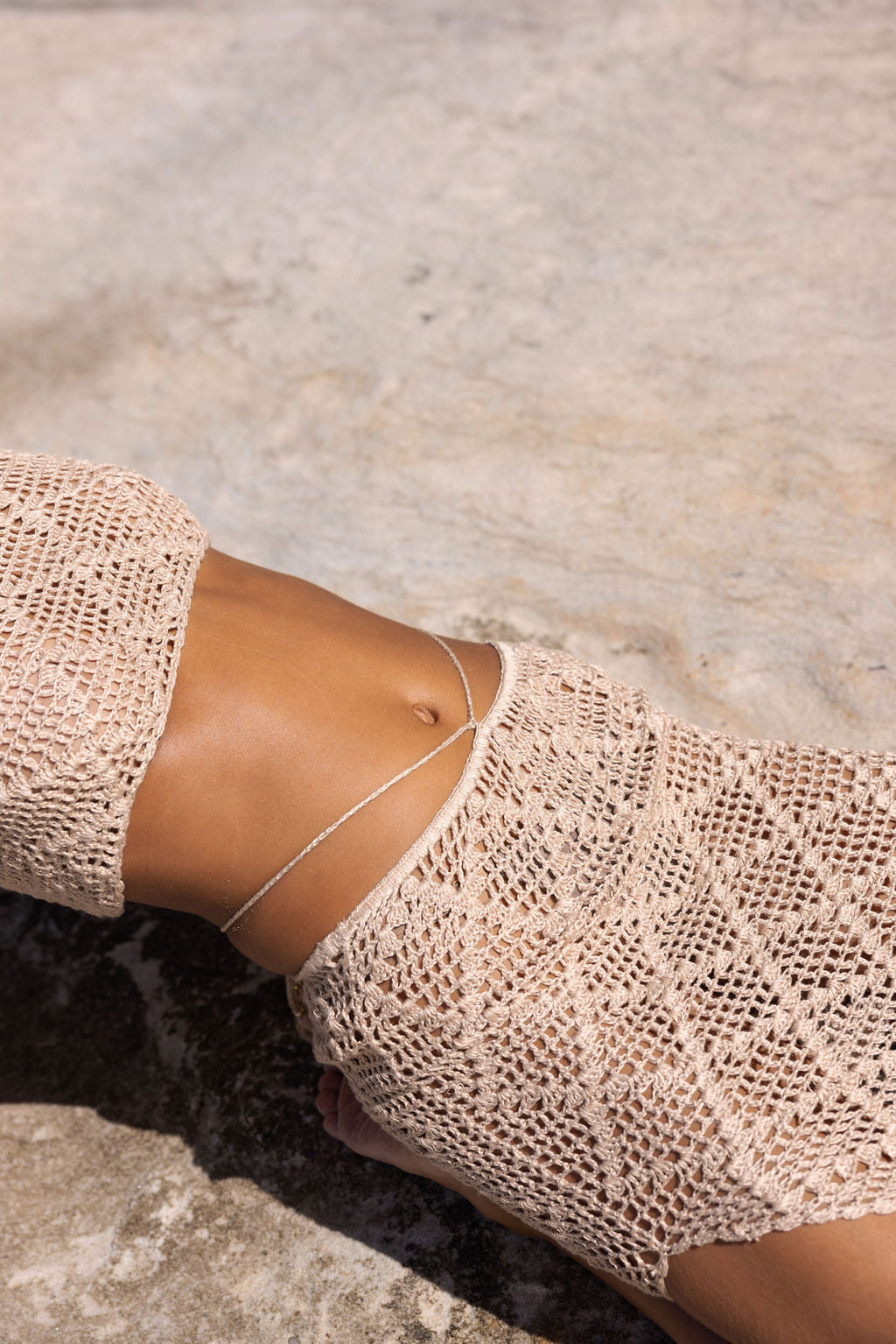 flook the label nima top skirt caramel crochet beach beachwear model detail