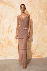 flook the label nuria maxi dress coco caramel crochet belt model studio front