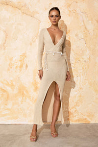 flook the label nya maxi dress latte knit belt shells model studio front 