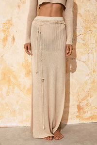 flook the label saige skirt belt caramel model studio front detail