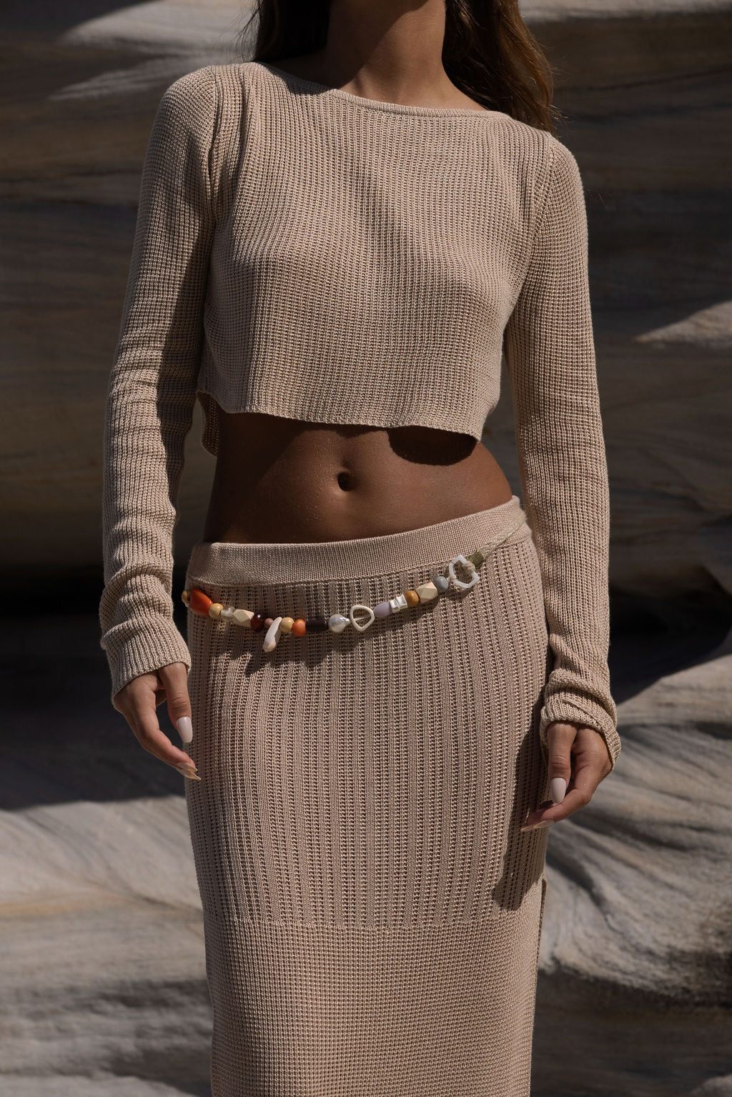 flook the label saige skirt belt serina top caramel knit model 