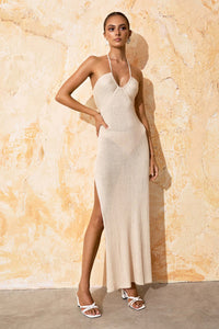 flook the label sia dress vanilla knit model earrings jewelry model studio front 